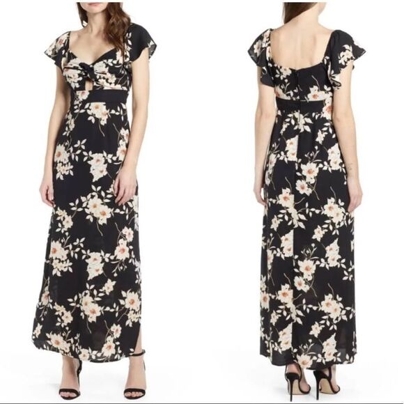 Row A NWT Twist Front Cap Sleeve Maxi Dress Black Floral Size Large - Picture 1 of 4